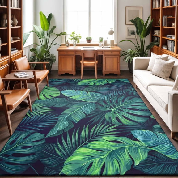 Area Rugs 3'x5', Tropical Plants Carpet Runner Indoor Outdoor Rugs Home Decor Aesthetic, Summer Watercolor Teal Green Palm Leaves Non Slip Mats Washable Accent Rug for Living Room Bedroom