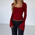 thumbnail image 2 of Yokua Women's Lace-trimmed Square Neck Flared Long Sleeve Cropped Midriff T-Shirt with Lace Trim - Slim Fit for Outings, 2 of 10
