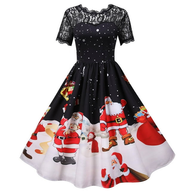 Pisexur Robe de Noël Vintage Imprimée en Dentelle Manches Courtes Col Rond Robe de Soirée de Noël Robe d'Invité de Mariage pour Femmes, Robe de Fête de Noël