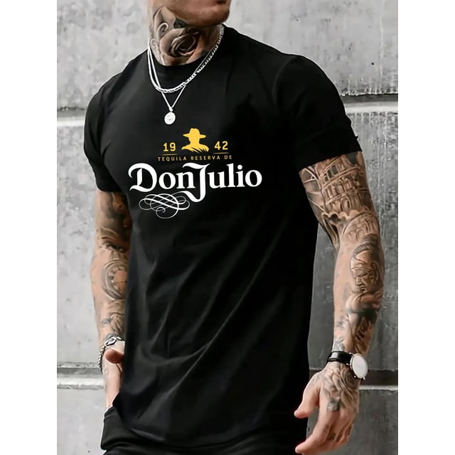T-Shirt Imprimé DonJulio Tequila Reserva pour Hommes, Col Rond Décontracté à Manches Courtes, Tissu Tricoté 100 % Polyester, Légèrement Extensible, Haut de Mode d'Été, Coupe Régulière - 180gsm Fête des Pères, Fête des Mères, Nouveau