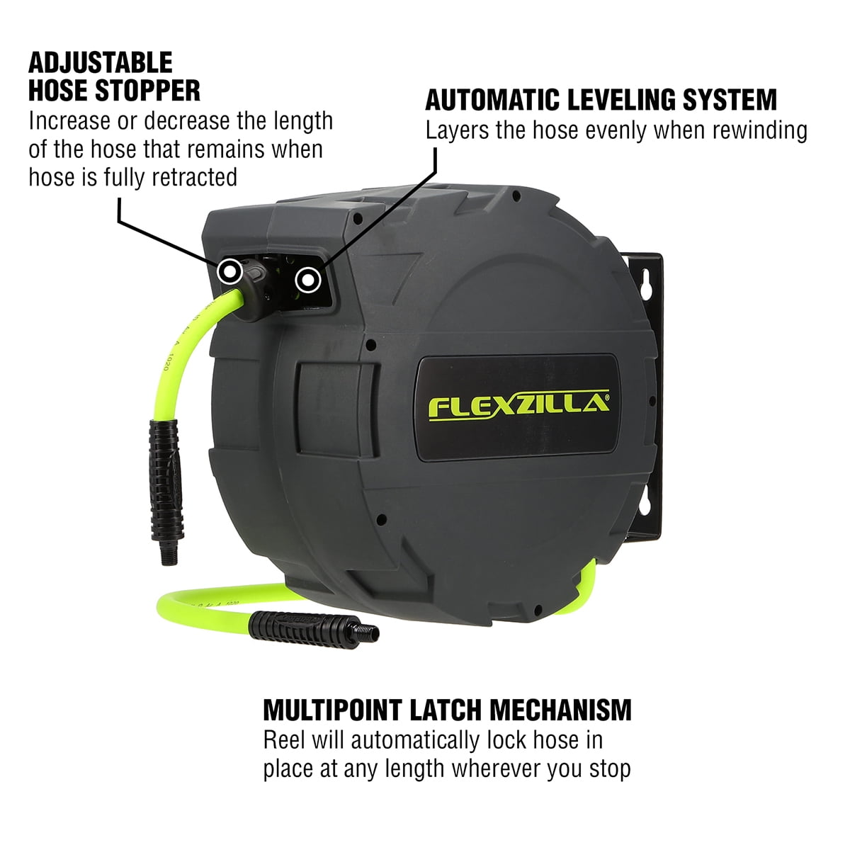 Flexzilla® Enclosed Plastic Retractable Air Hose Reel, 3/8" x 30', ZillaGreen™