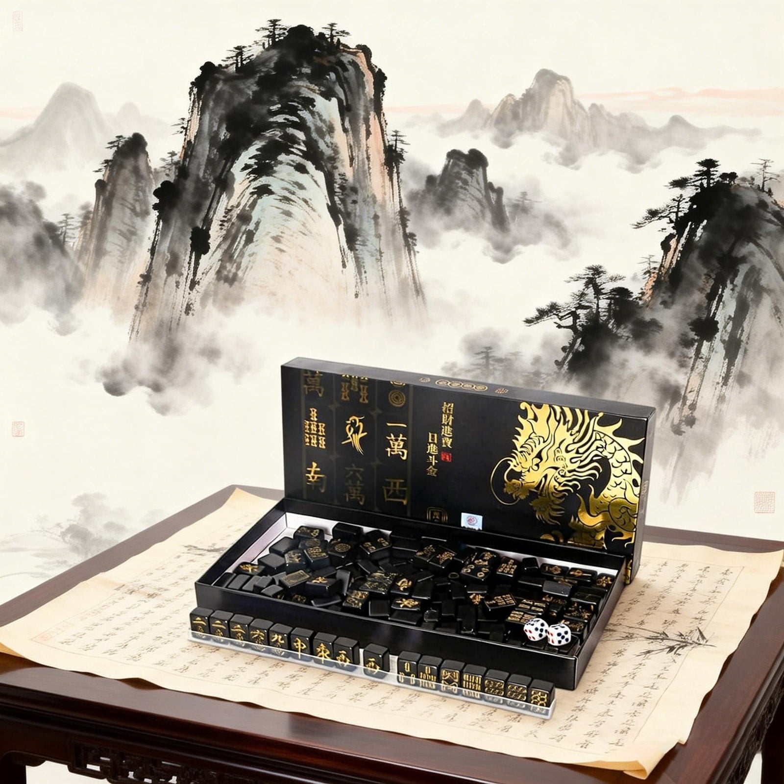 Mahjong Set, Mini Portable Travel Mahjong Tiles Set, Compact Black Mahjong Game with Gold Characters, Melamine Mahjong Set for Family Gatherings Parties