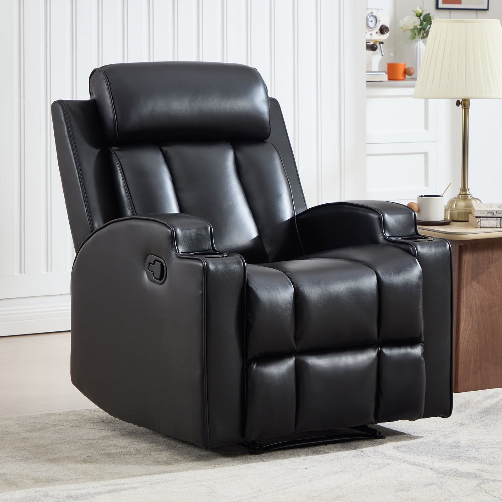Ebello Manual Reclining Chair, PU Leather Modern Overstuffed Recliner with Cup Holders for Living Room & Home Theater, Black