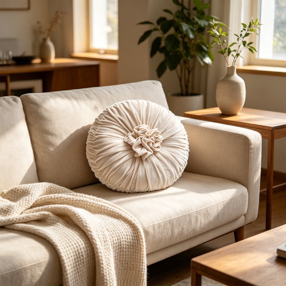 Round Velvet Throw Pillow, Ruched Decorative Cushion, Pleated Rosette Accent Pillow With Soft Filled Center, Sofa Bed Chair Window Seat Home Decoration Cushion