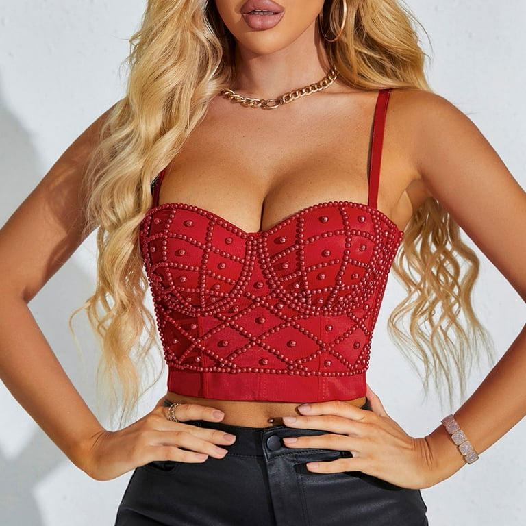 【Badee】Corset Crop Top YYDGH Womens Pearl Beaded Bustier Crop Top Spaghetti Strap