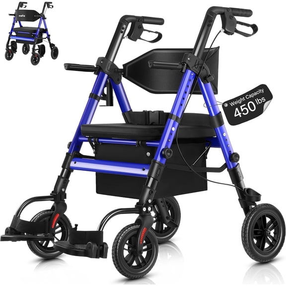 StrollAid Walkers for Seniors,Heavy Duty Rollator Walker Wheelchair Combo, 2 in 1 Rollator Transport Chair with Brakes, 450 lb Rolling Walker 10" Big Wheels for All Terrain, Blue