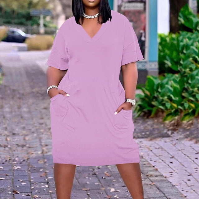 BEFOKA Robe pour Femme Grande Taille, Liquidation de Robes d'Été pour Femmes, Robe Unie Grande Taille à Manches Courtes et Col avec Poches pour Femme