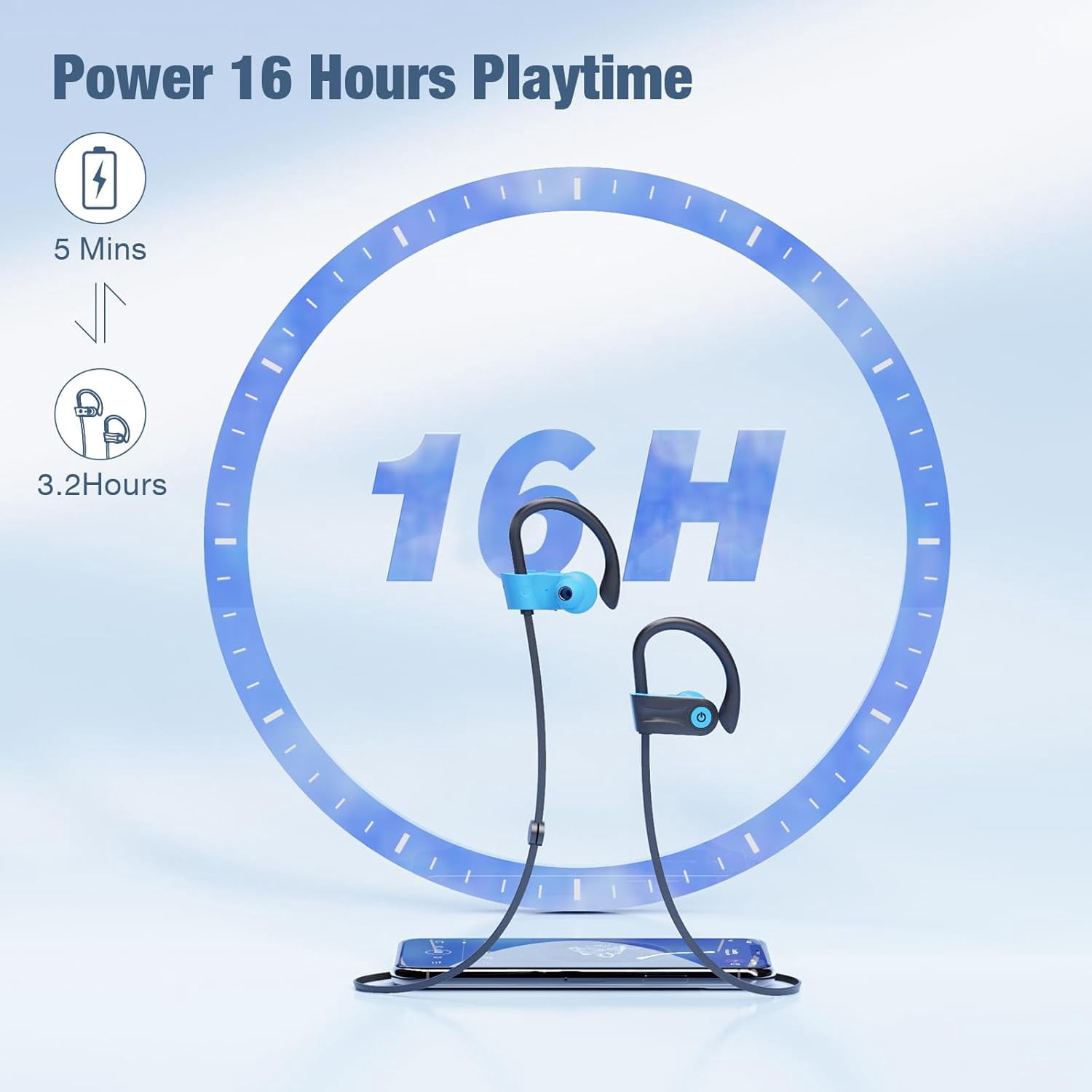 Bluetooth Headphones, Wireless Headphones with 16 Hours Playtime Bluetooth 5.3 Wireless Earbuds HD Deep Bass Stereo Sound Isolation IPX7 Waterproof Earphones for Workout Running Sports