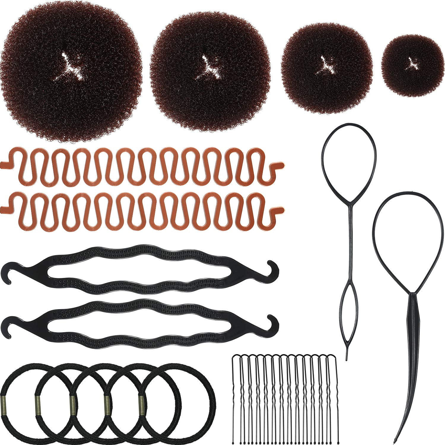 28 Pieces Hair Styling Kit Set, Included 4 Pieces Hair Donut Bun Makers, 2 Pieces Topsy Tail Hair Braids, 4 Pieces Hair Braiding Tools, 13 Pieces Hair Pins and 5 Pieces Hair 28 Pieces Hair Styling Kit Set, Included 4 Pieces Hair Donut Bun Makers, 2 Pieces Topsy Tail Hair Braids, 4 Pieces Hair Braiding Tools, 13 Pieces Hair Pins and 5 Pieces Hair