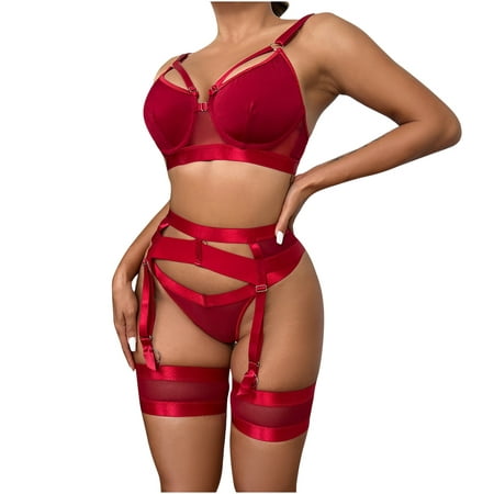 

RQYYD Sexy Lingerie Set for Women with Underwire Strappy Lingerie Push Up 3 Piece Lingerie Set with Garter on Clearance (Wine M)