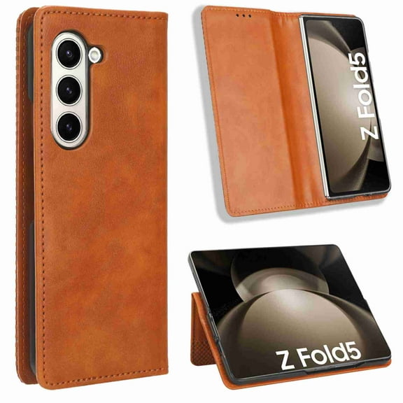 ELEHOLD Folio Leather Case for Samsung Galaxy Z Fold 5 5G 2023, Soft Premium Leather Cover Kickstand Function Anti-Scratch Protective Case for Samsung Galaxy Z Fold 5,Brown
