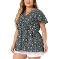 thumbnail image 4 of Agnes Orinda Women's Plus Size Tops Short Sleeve Smocked Waist V Neck Ditsy Floral Chiffon Summer Blouse 3X Black White, 4 of 6
