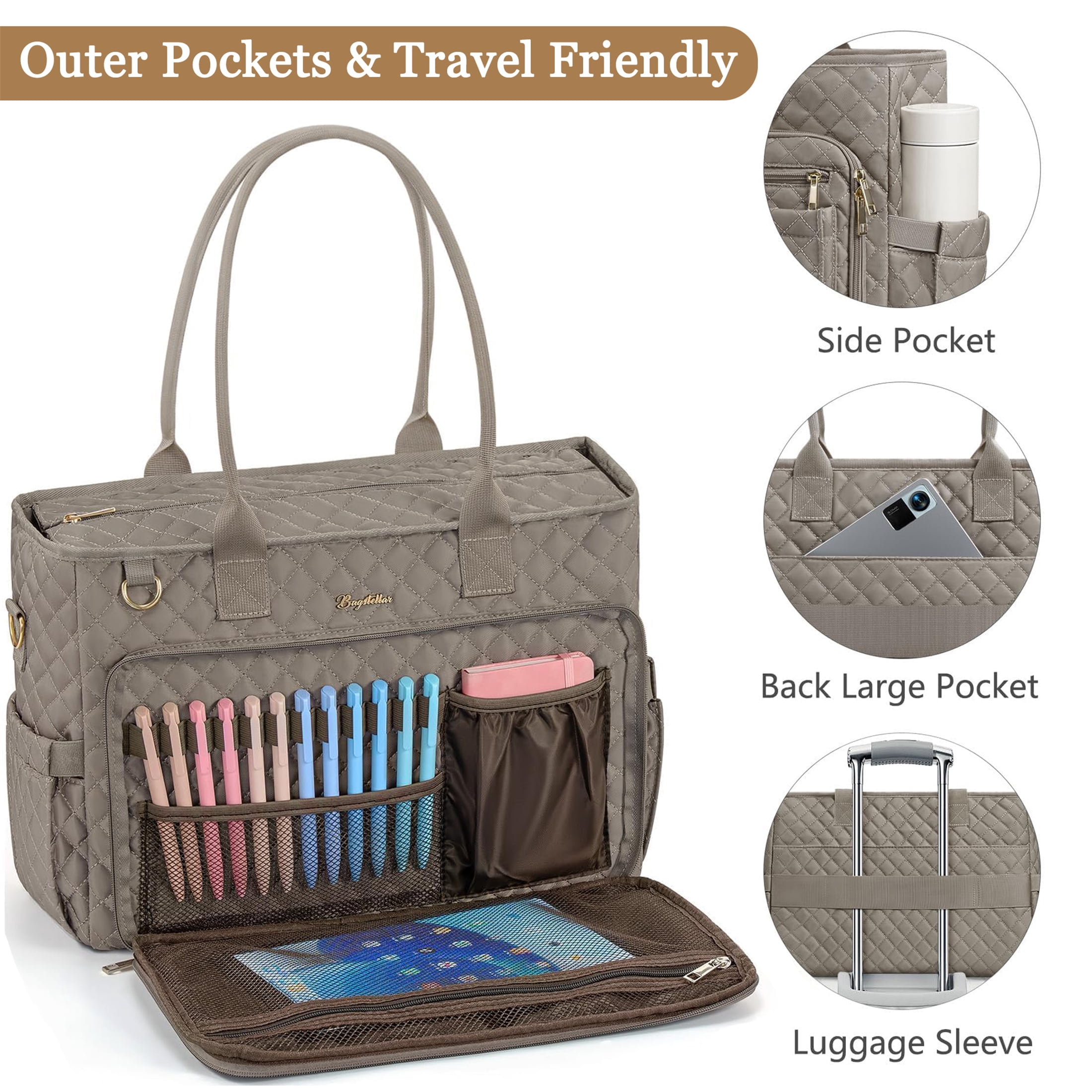 Teacher Tote Bag 15.6 inch Laptop Bag for Women, Work Bags Nurse Bible Bag Quilted Lightweight Laptop Tote Computer Briefcase for School Travel Office College, Grey
