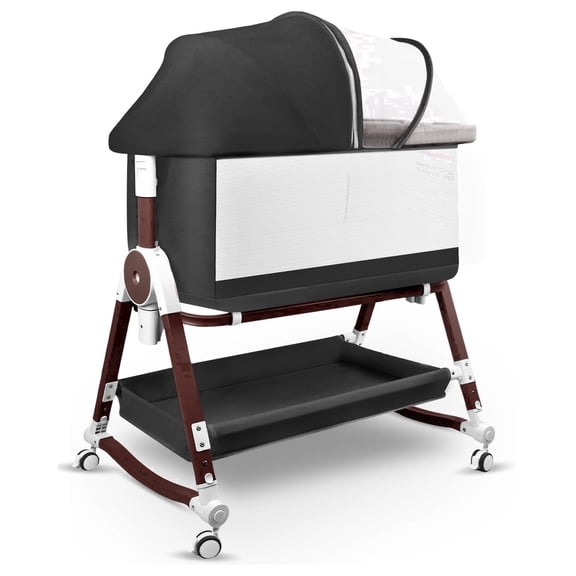 4 in 1 Baby Bassinet Bedside Sleeper W/ Wheels,Mosquito Net,7 Heights Adjustable,Mattress,Storage Basket,Breathable Mesh Crib for Newborn Infant,Black