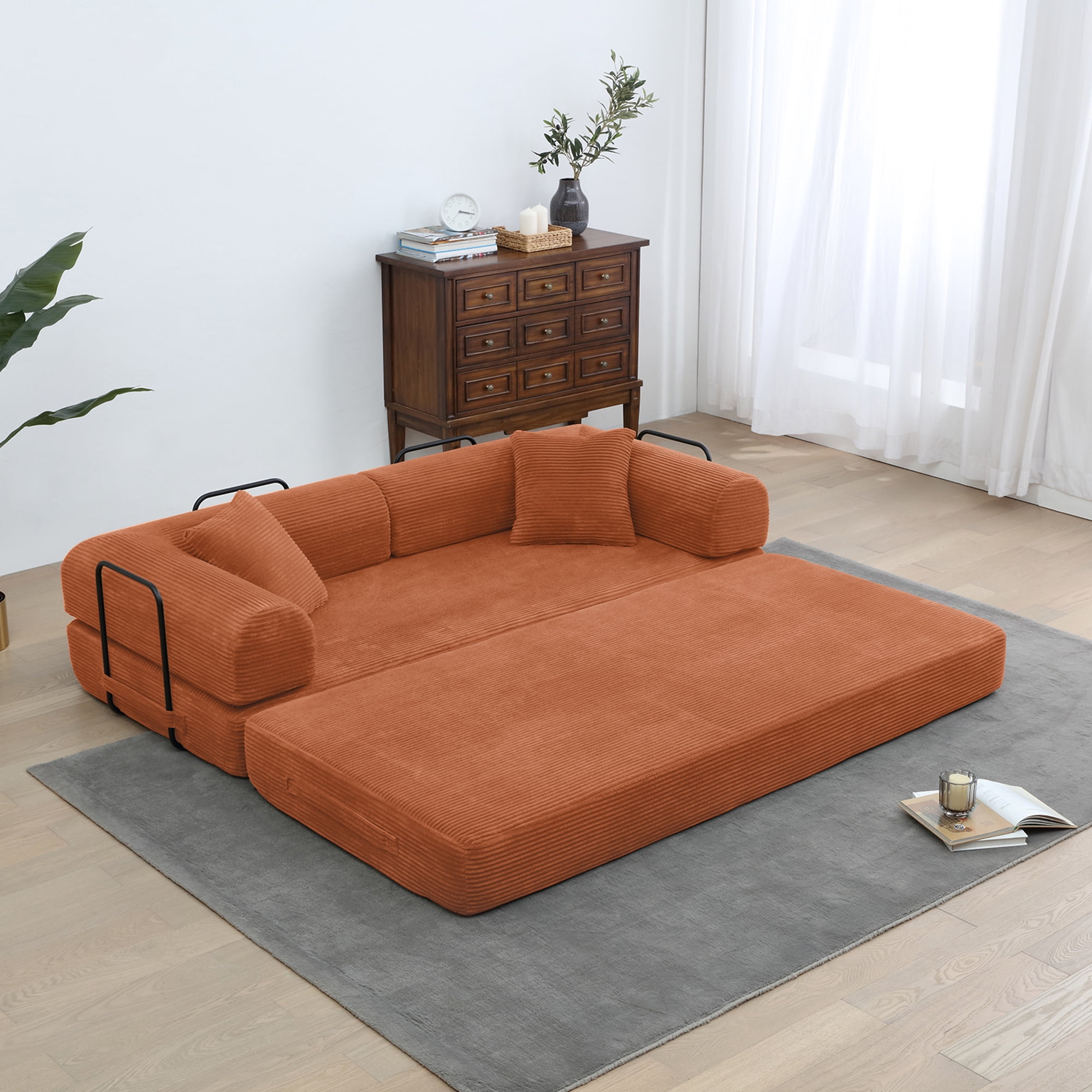 Miniyam Convertible Sleeper Sofa Bed with Cylindrical Pillow - Corduroy Folding Mattress Couch with Fixed-Shape Frame for Living Room, Bedroom, Lounge, Studio - Orange