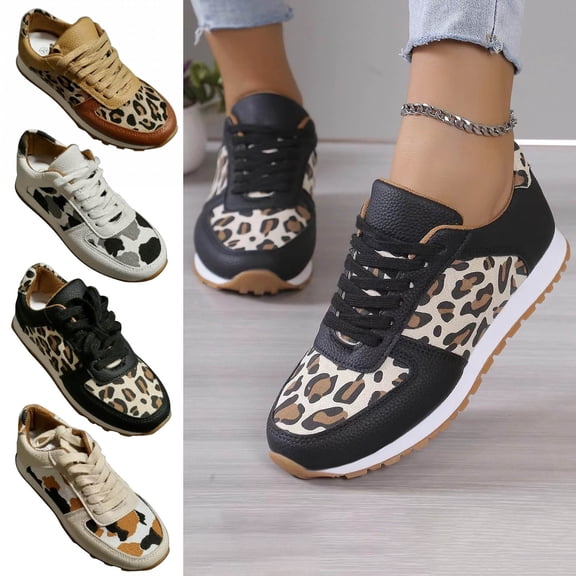 Crunowin Women's Shoes, Plus Size Thick Sole Leopard Print Casual Lightweight Sneakers Black 7
