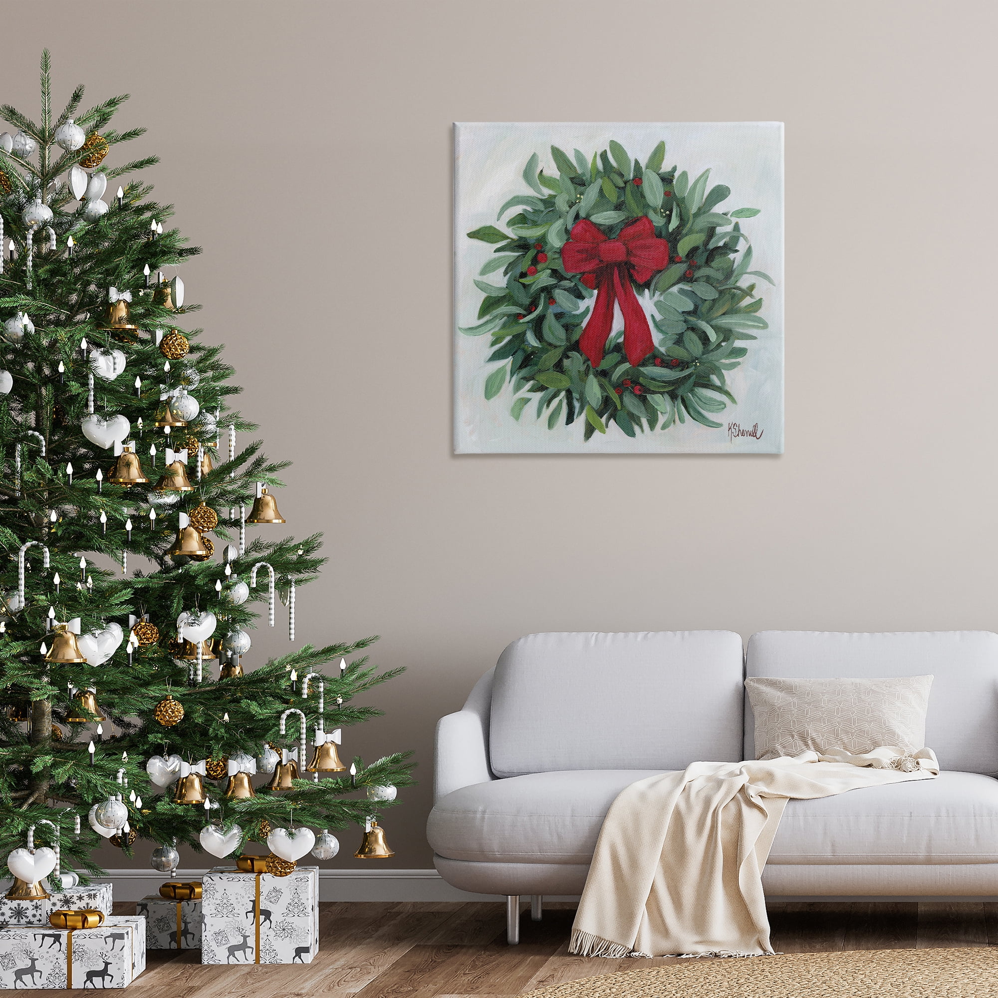Stupell Industries Wreath with Red Bow Holiday Painting Gallery Wrapped Canvas Art Prints Wall Art, 36 x 36
