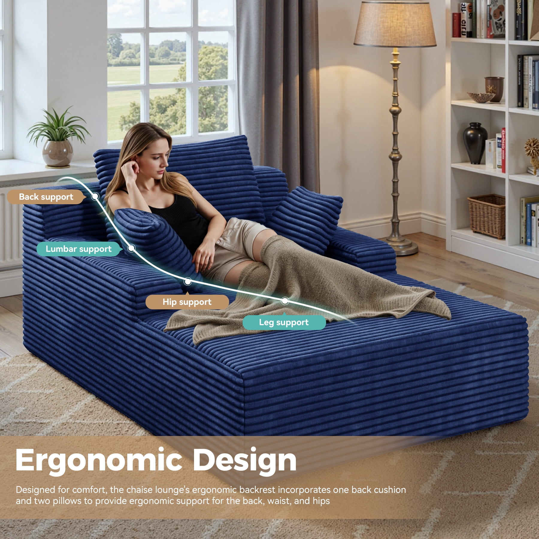 MOONMISS 68" Oversize Chaise Lounge Chair Indoor,Comfy Non-assembly Sofa Couches With 3 Pillows,Blue