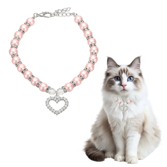 Uxcell Cat Collar Pearl Necklace, 13 Inch Dog Pearl Necklace Collar with Heart Rhinestone (Light Pink, M) for Puppies/Dogs Cats