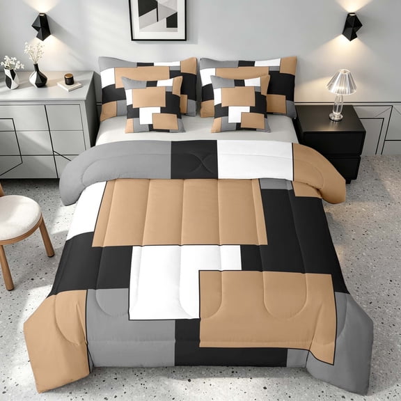 Manfei Neutral Geometric Checkered Twin Bedding, Abstract Bedding Comforter Set, Black White Beige Gray, Gray Reversible 7pcs