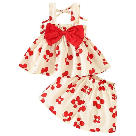 

Little Girlss Party Dailywear Sets Floral Printed Square Neck Sleeveless Summer Bowknot Tops Shorts 2PCS Outfits Clothes Lovely Holiday Sports Fashion Sets