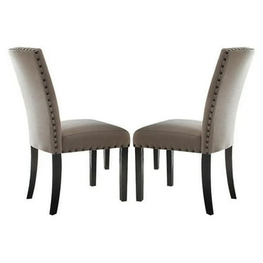 Benzara Nailhead Trim Fabric Upholstered Wooden Side Chair, Set of 2, Beige and Brown