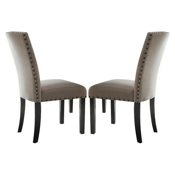 Nailhead Trim Fabric Upholstered Wooden Side Chair, Set of 2, Beige and Brown