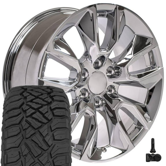OE Wheels CV32 20 Inch Rims and Tires Fit Silverado 1500 RST Style 6x139.7 20x9 Chrome - Hollander 5916 - TerraMax RT 275/55-20 (Set of 4)