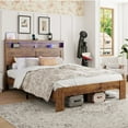 thumbnail image 2 of Queen Size Bed Frame with Charging Station, Wood Platform Bed Frame with LED Light and Storage Headboard, Noise Free, No Box Spring Needed, Dark Brown, 2 of 6