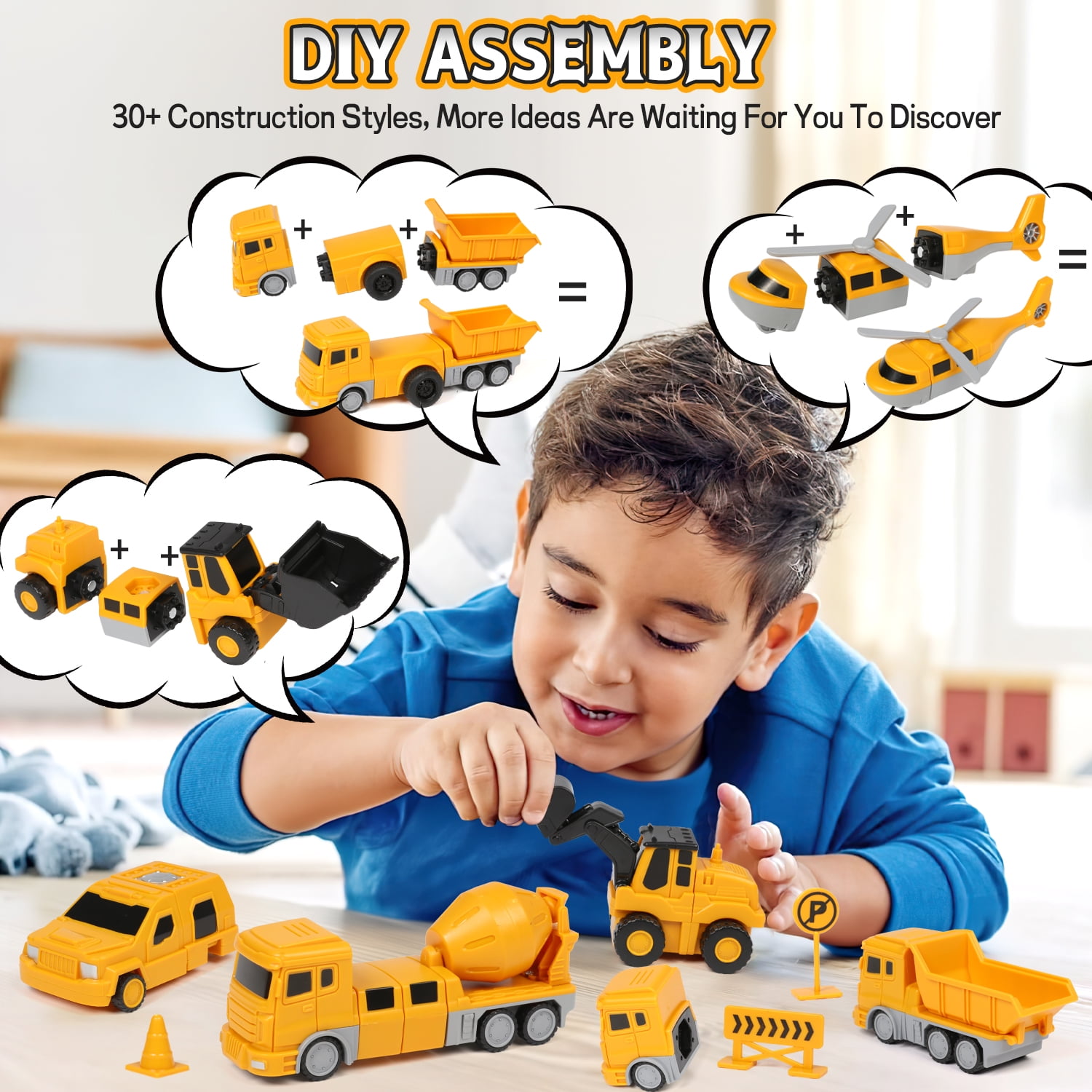 Huge Wave 8-In-1 Construction Vehicles Boys Toys Set, 12+ inch Magnetic Transform Robot Truck Set, DIY Toys with Connectors, Robot STEM Building Kids Christmas Gifts for 3-8 Year Old