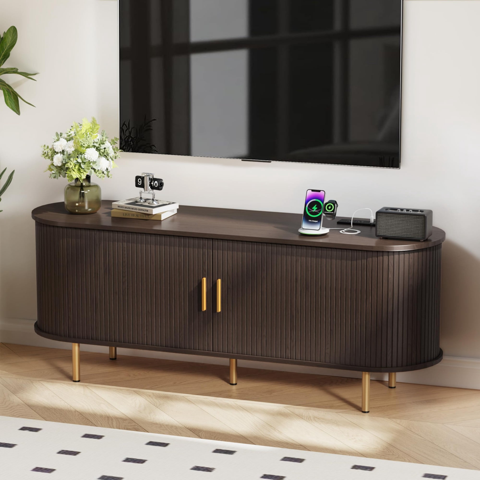 55 Inch Mid Century Modern TV Stand with Power Outlet, Fluted Media Console with Sliding Doors for TVs up to 60 Inch, Coffee