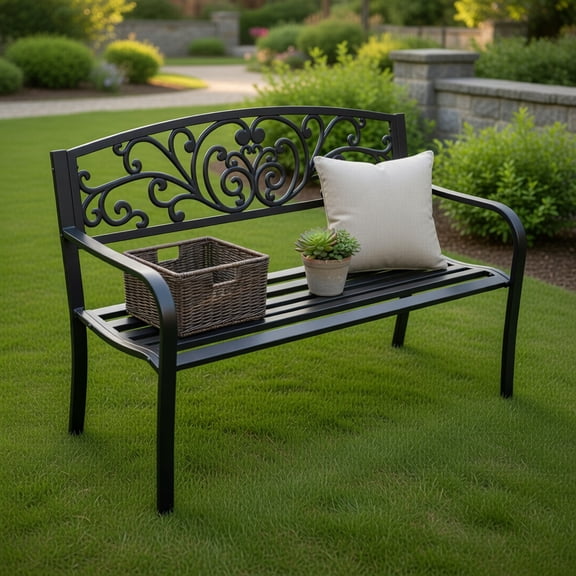 Topcobe 50 Inch Patio Park Steel Frame Cast Iron Backrest Bench Porch Chair, Outdoor Deck Furniture