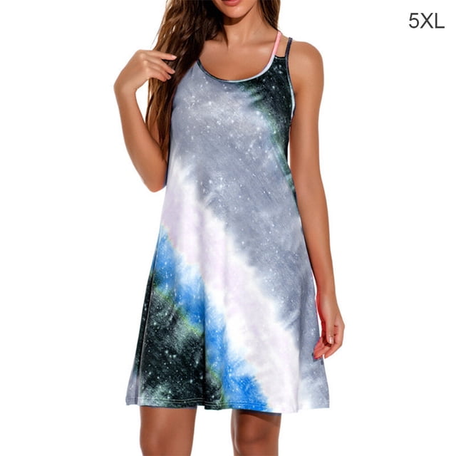 Robe Femme 2 Bretelles Sans Manches Imprimée Colorée Sexy, Gris, 5TG