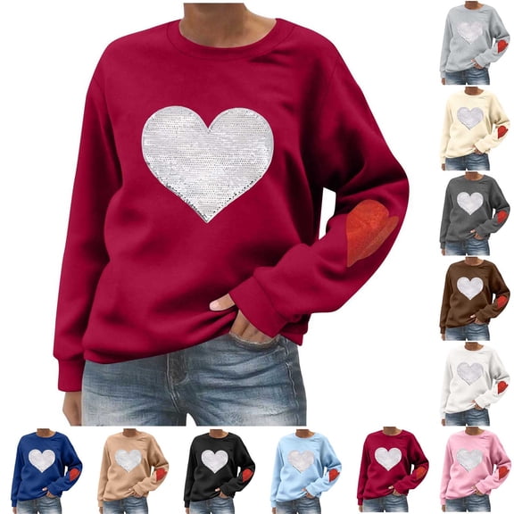 Kilaqueen Valentines Day Sweatshirt for Women Funny Love Heart Shirts Casual Fashion Sequin Pullover Blouses Valentine Gifts Oversized Long Sleeve Tunic Tops