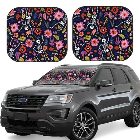 Hirioo Dancing Skeletons Floral Garden for 2PCS Windshield Sun Shade Foldable | Front Windshield Shade for Sun Heat and UV Rays-Large