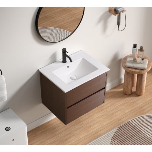 Dark Brown Wall-Mounted Bathroom Vanity, Easy-Assemble With Video Guide, Soft-Close Drawer (Premium Slides), Sturdy Wood Construction