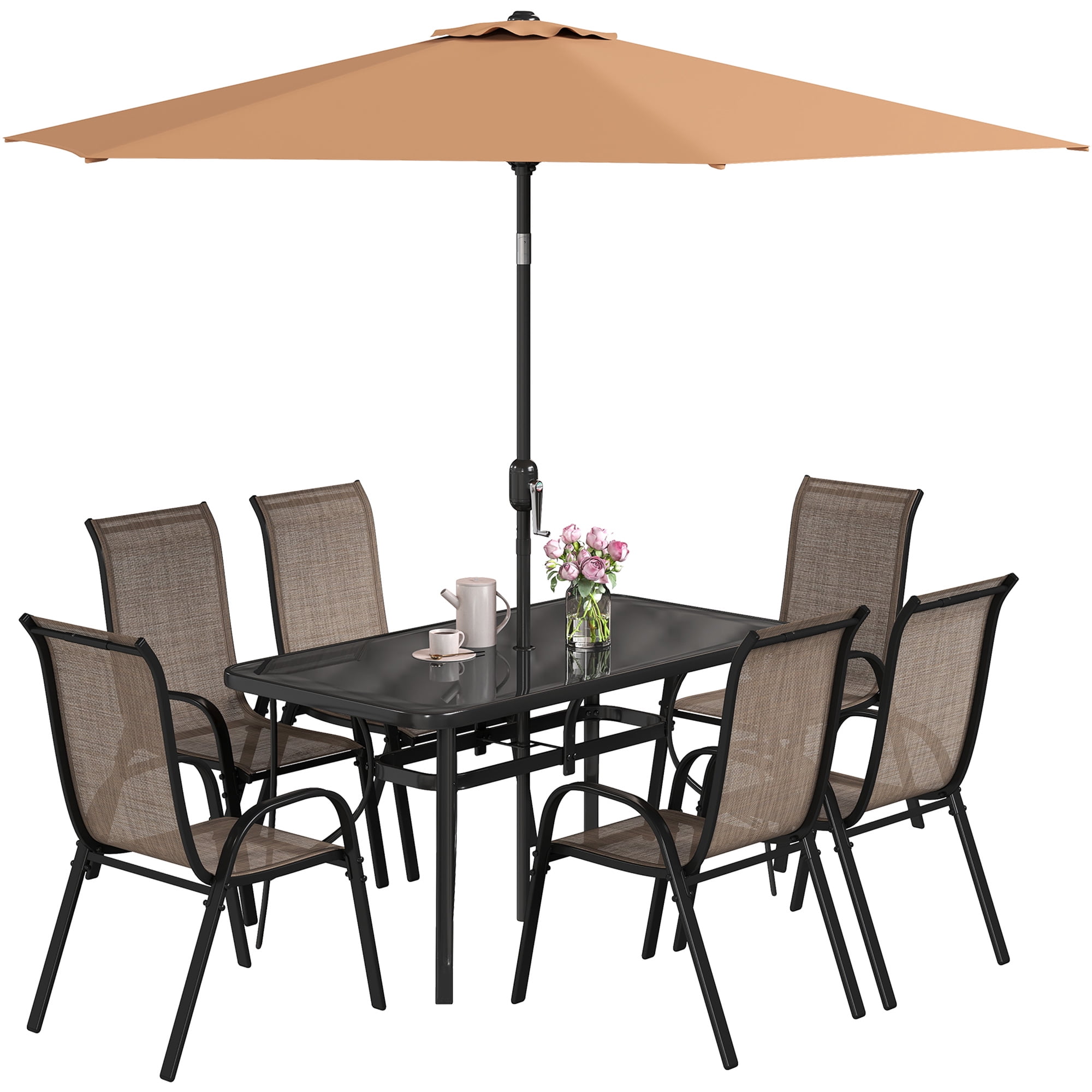 Outsunny 8 Piece Patio Furniture Set with Umbrella, Outdoor Dining Table and Chairs, 6 Chairs, Push Button Tilt and Crank Parasol, Glass Top, Brown