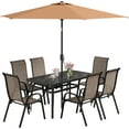 thumbnail image 2 of Outsunny 8 Piece Patio Furniture Set with Umbrella, Outdoor Dining Table and Chairs, 6 Chairs, Push Button Tilt and Crank Parasol, Glass Top, Brown, 2 of 9