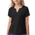thumbnail image 3 of CFLVAEK Casual Summer Tshirts for Kids Girls Loose Fit Notch V Neck T Shirt Comfy Short Sleeve Teen Clothes Solid Color Basic Tees Black 11 Years, 3 of 8