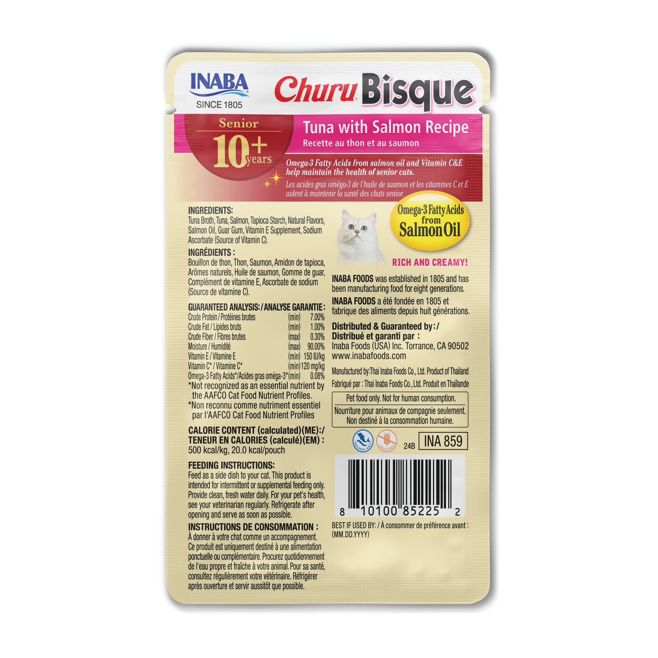 Inaba Churu Bisque Senior Lickable Wet Cat Topper, 1.4 oz Pouch, 12 Pouches, Tuna with Salmon