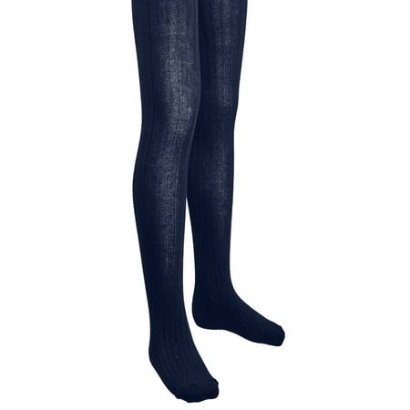Cropped Stretch Tights - Girls Ribbed Cotton Hold and Stretch Footed Winter Tights - Navy (size 4/6)