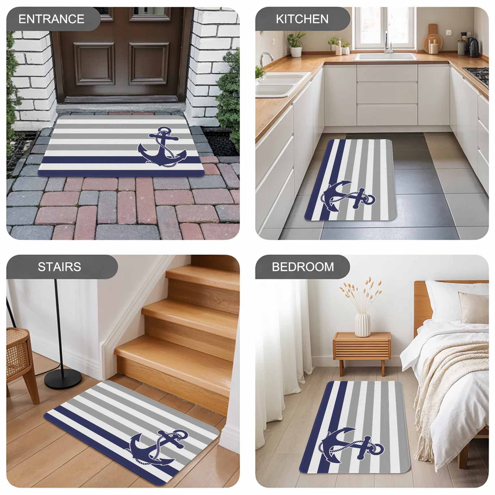 Anchor Gray Doormat Outdoor Entrance 24"x36", Modern Navy Blue White Striped Nautical Absorb Moisture Dirt Door Mats, Non-Slip Rubber Backing Floor Mats Indoor, Low-Profile Front Door Rugs