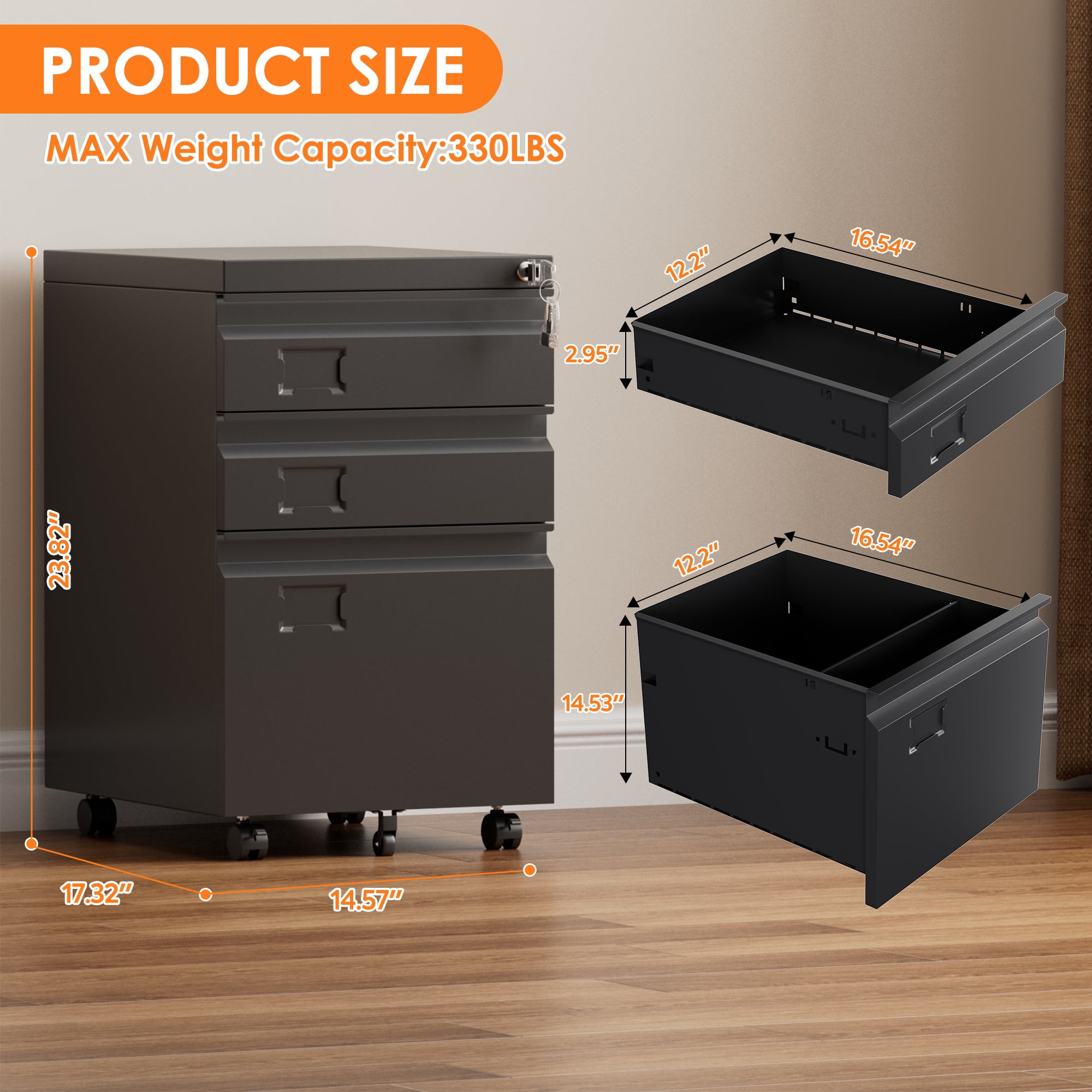 SUPEER 3 Drawer Vertical File Cabinet with Lock,Mobile File Cabinet for Letter,Legal,Under Desk Filing Cabinet for Office,Home,Assembly Required  (Black)