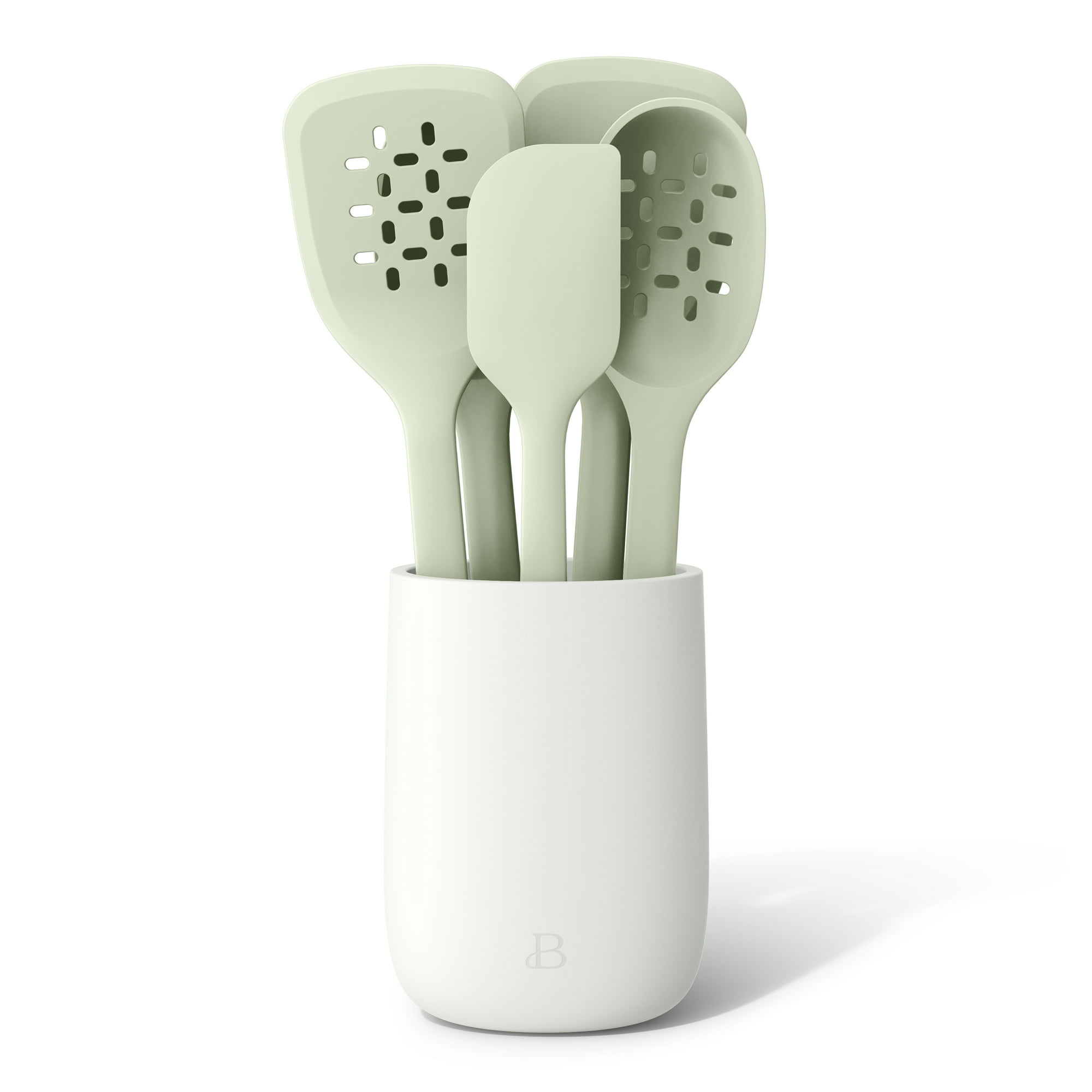 Beautiful 6-Piece Silicone Tool Set with Ceramic Crock, Sage Green by Drew Barrymore