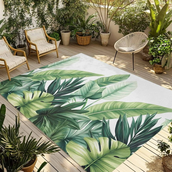 Fsddascl Green Leaves Outdoor Rug for Patio/Deck/Porch, Non-Slip Large Area Rug 5 x 8 Ft, Rustic Summer Botanical Tropical Plants Indoor Outdoor Rugs Washable Area Rugs, Camping Rug Carpet