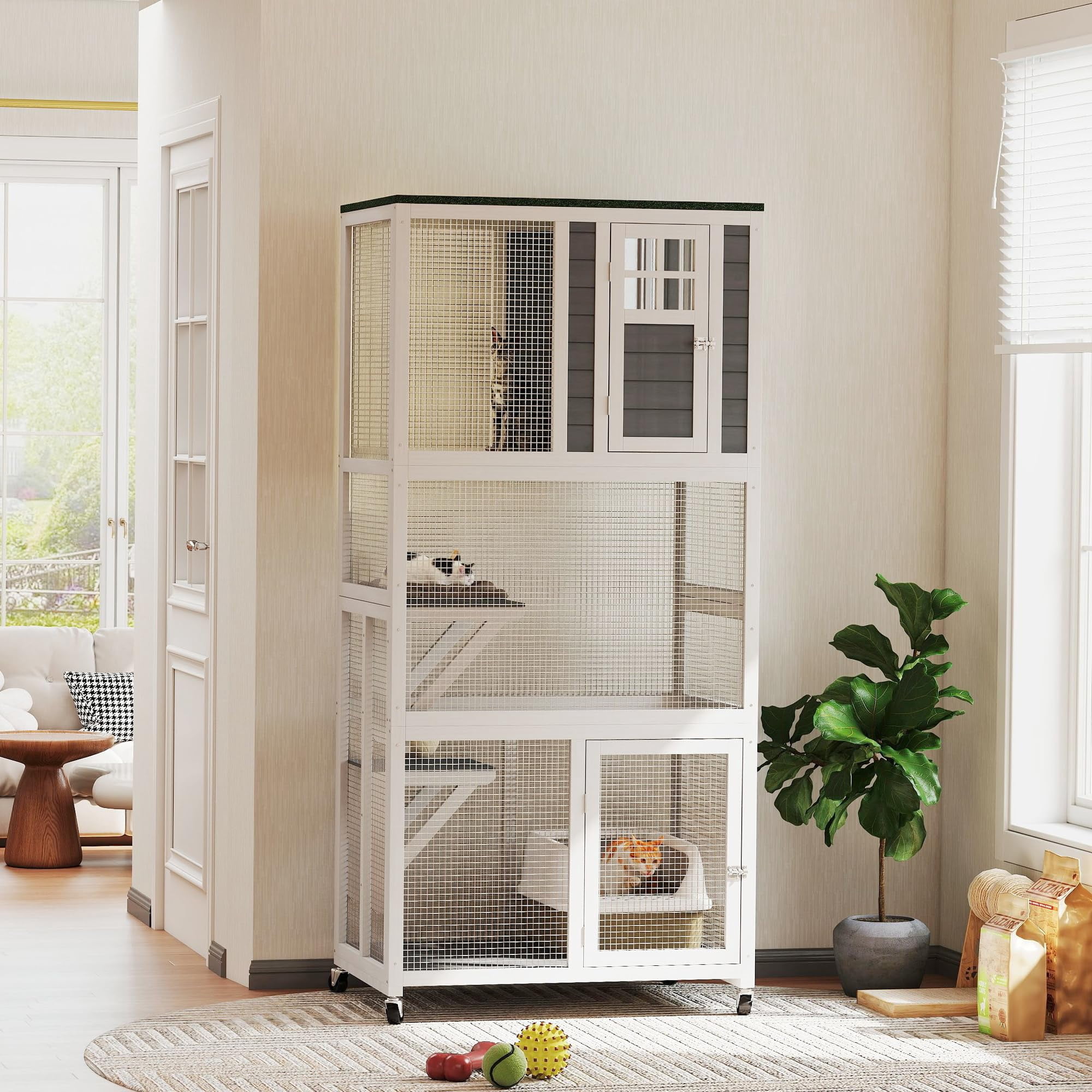 Wooden Catio Outdoor Cat Enclosure with Wheels Weatherproof Large Cat House for Outside Play High Weight Capacity Dark Gray