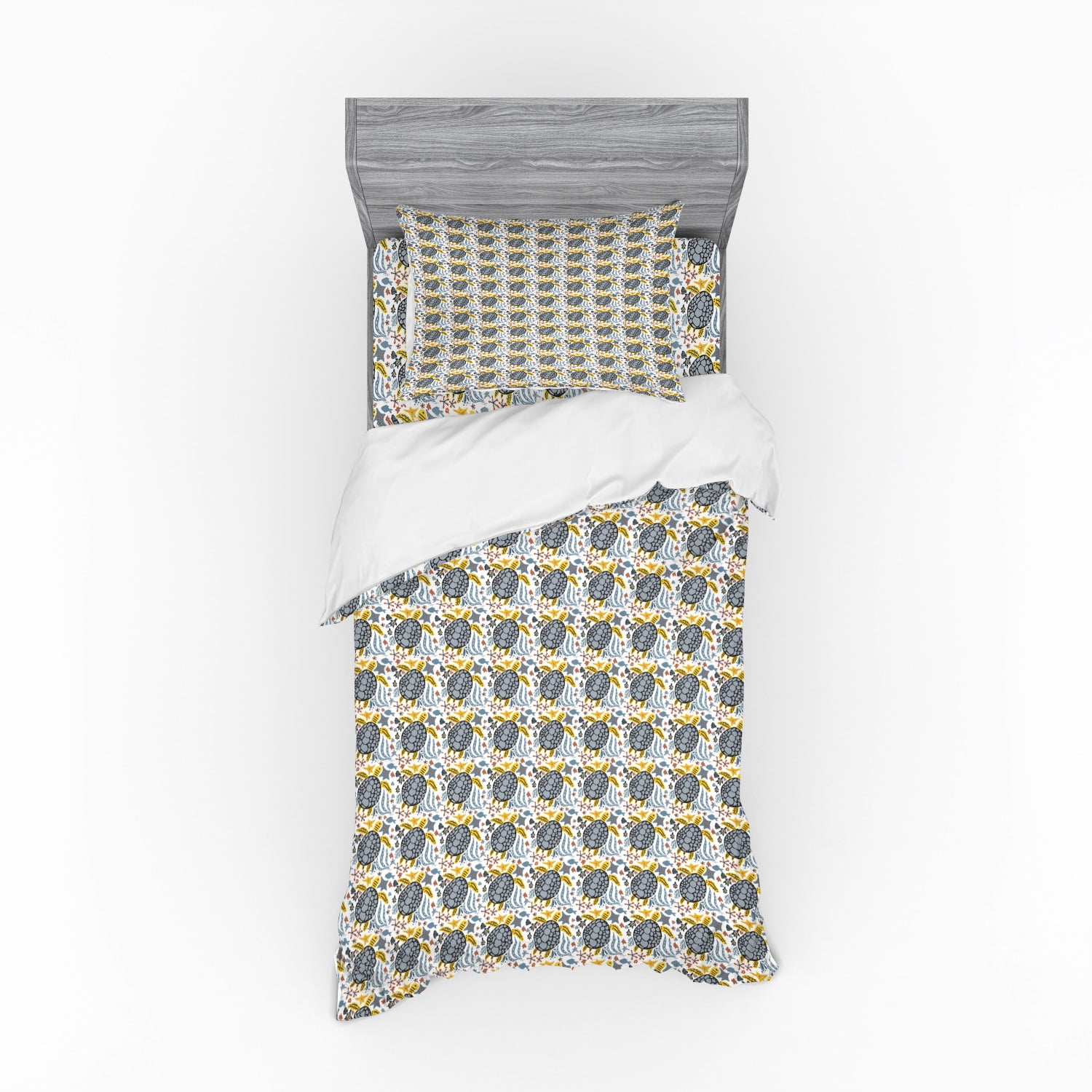 Turtle Duvet Cover Set, Hand Drawn Ocean Fauna Pattern with Tortoise