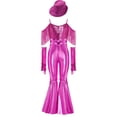 thumbnail image 3 of TiaoBug Kids Girls Off Shoulder Fringe Jumpsuit Disco Outfit for Retro Themed 70s Party & Stage Performance Hot Pink 14, 3 of 7