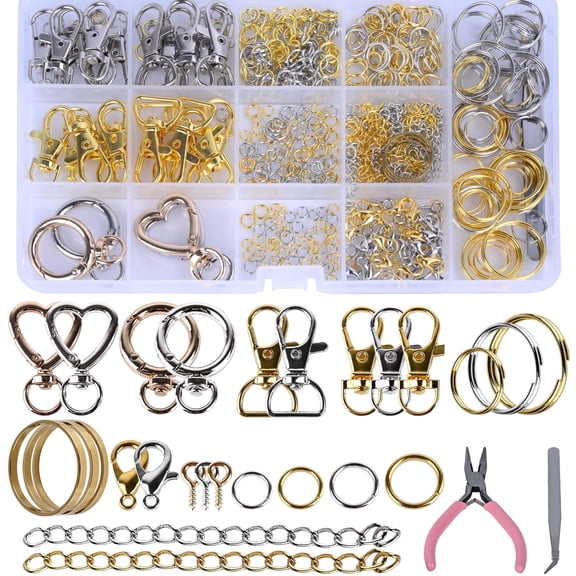 579PCS Keychain Making Kit, Key Chain Supplies Including Keychain Clip, Key Rings, Lobster Claw Clasps, Jump Rings, Extender Chain,Pliers for Key Chain Making and Jewelry Making(Gold&Silver)