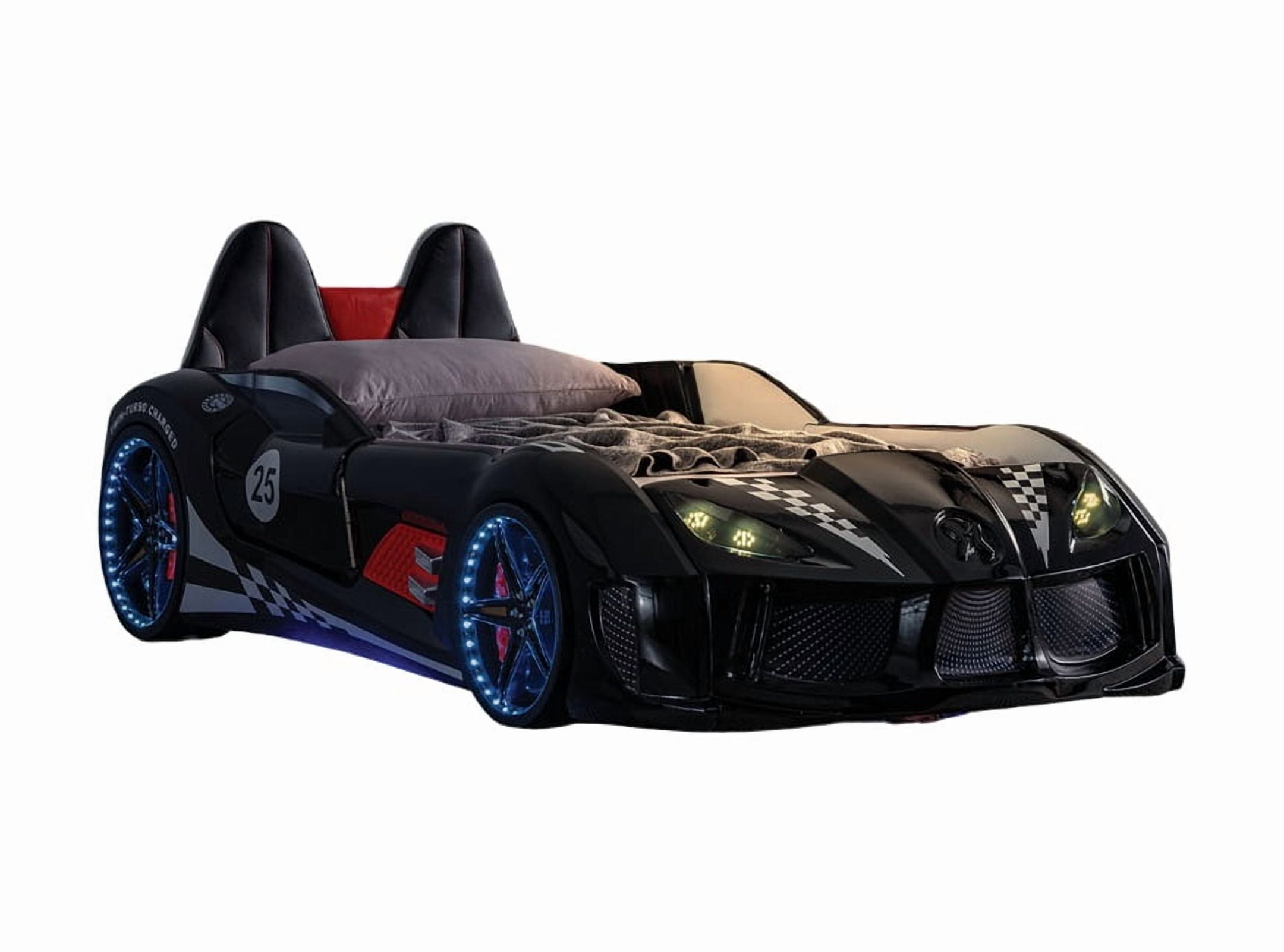 Modern Novelty Style Twin Size Bed Race Car Design Attached Two Magnetic Doors With LED Lights On Wheels And Bottom Upholstery HB Black Finish